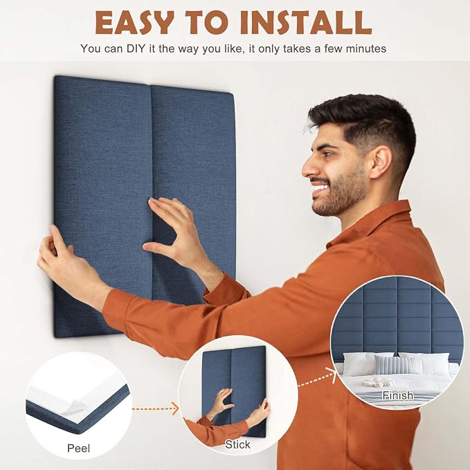 IFNOW Wall Mounted Headboard, Peel and Stick Panels, Blue, Queen | 3D Soundproof Acoustic Padding, Reusable and Removable Tufted fabric Bed Headboard for bedroom (9 Panels, 10" x 24")