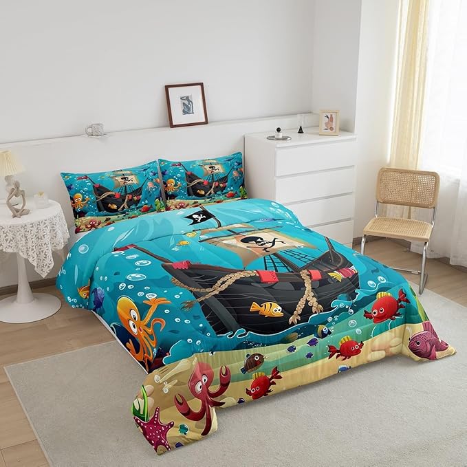 Castle Fairy Cartoon Pirate Ship Comforter Set King Size for Kids Marine Adventure Bedding Sets All Season Underwater Fish Quilt Set Bedroom Decor Cute Octopus Jellyfish Down Comforter,3Pcs