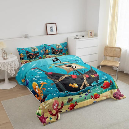 Castle Fairy Cartoon Pirate Ship Comforter Set King Size for Kids Marine Adventure Bedding Sets All Season Underwater Fish Quilt Set Bedroom Decor Cute Octopus Jellyfish Down Comforter,3Pcs