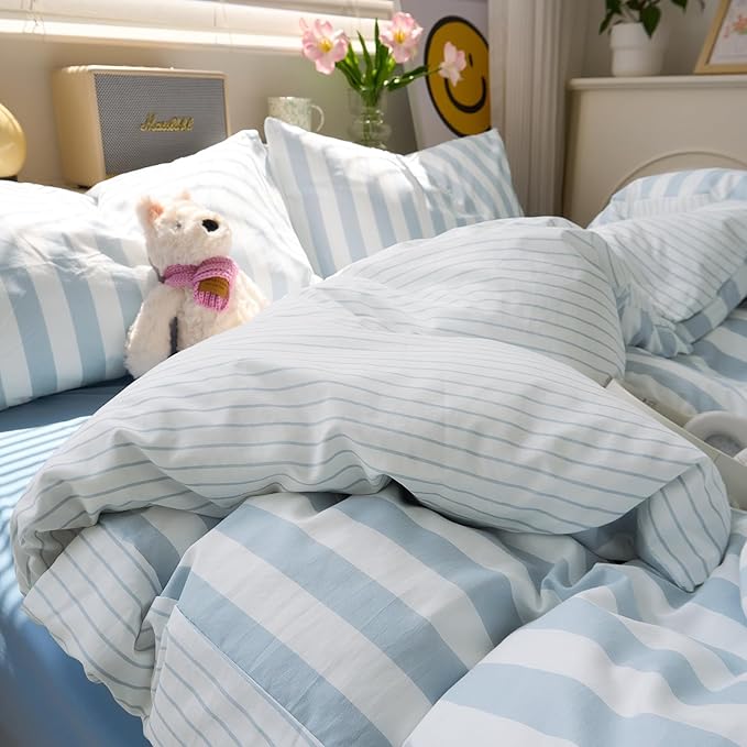 EAVD Retro Blue Striped Duvet Cover Twin Soft Washed Microfiber Reversible Vertical Striped Percale Bedding Set with 2 Pillowcases Farmhouse Geometric Pattern Duvet Cover with Zipper Closure