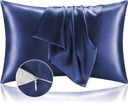 BEDELITE Satin Pillowcase with Zipper 2 Pack, Navy Pillow Cases Standard Size, Super Soft and Cooling Similar to Silk Pillow Cases, Gift for Women Men(20x26 Inches)