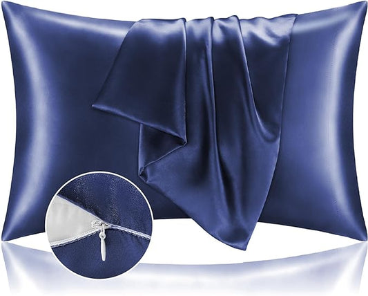 BEDELITE Satin Pillowcase with Zipper 2 Pack, Navy Pillow Cases Standard Size, Super Soft and Cooling Similar to Silk Pillow Cases, Gift for Women Men(20x26 Inches)