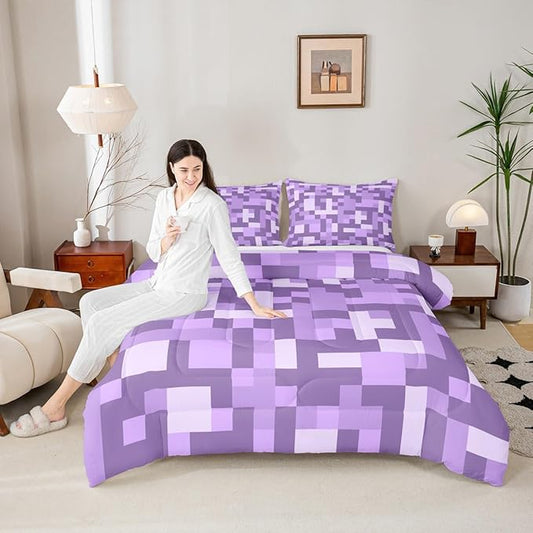 Pixel Grid Miners Comforter Set King Size,Video Games Plaid Lattice Kids Bedding Set,Geometric Check Quilt Comforter,Light Purple Duvet Insert,2 Pillowcases