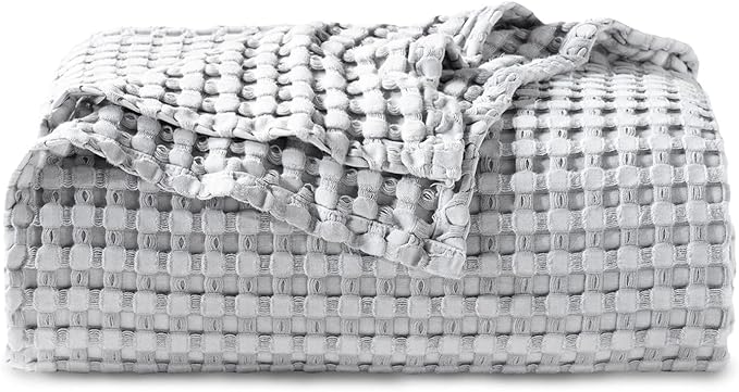 Bedsure Cooling Cotton Waffle Queen Size Blanket - Lightweight Breathable Blanket of Rayon Derived from Bamboo for Hot Sleepers, Luxury Throws for Bed, Couch and Sofa, Grey, 90x90 Inches
