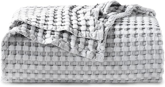 Bedsure Cooling Cotton Waffle Queen Size Blanket - Lightweight Breathable Blanket of Rayon Derived from Bamboo for Hot Sleepers, Luxury Throws for Bed, Couch and Sofa, Grey, 90x90 Inches