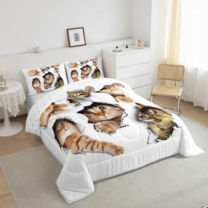 Erosebridal 3D Kitten Bedding Set Full Size Kawaii Cats Comforter Set for Kids Men Women Paw Cute Pet Animal White Orange Comforter Warm Soft Quilt Insert