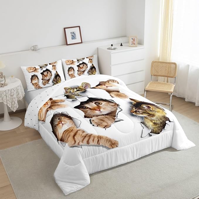 Erosebridal 3D Kitten Bedding Set Queen Size Kawaii Cats Comforter Set for Kids Men Women Paw Cute Pet Animal White Orange Comforter Warm Soft Quilt Insert
