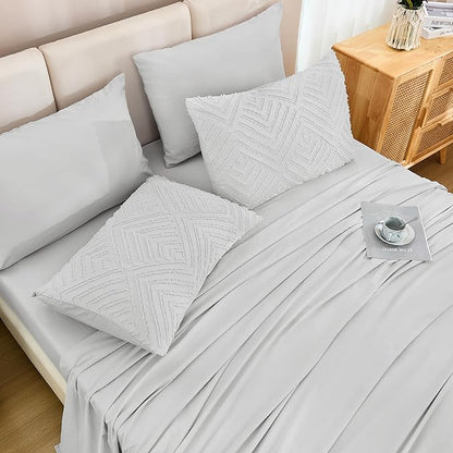 Andency Light Grey Super King Plus Size Comforter Set with Sheets - 7 Pieces Bed in a Bag Boho Tufted Bedding Sets Fluffy Lightweight Oversized King Bed Set with Comforter, Sheets, Pillowcases & Shams