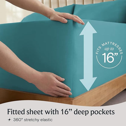 LuxClub 5 PC Split King Sheet Set, Breathable Luxury Bed Sheets, Deep Pockets 18" Eco Friendly Wrinkle Free Cooling Sheets Machine Washable Hotel Bedding Silky Soft - Teal Split King
