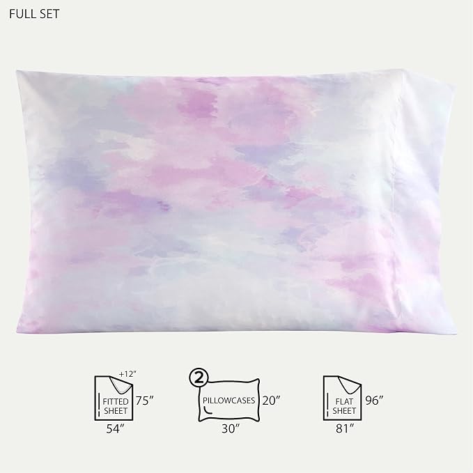 Heritage Kids 4-Piece Full Sheet Set – Purple Watercolor Tie Dye, Includes Top Sheet, Fitted Sheet & 2 Pillowcases, Soft & Comfortable Bedding for Girls’ Room or Teen Bedroom