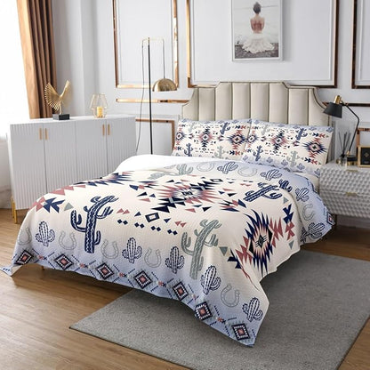 Manfei Geometric Aztec Bedspread Queen Size,Horseshoe Cactus Western Cowboy Cowgirl Coverlet Set,Boys Girls Room Decor,Arrow Native Tribal Quilted Coverlet,Bohemia Retro Bedding Quilt,2 Pillowcases