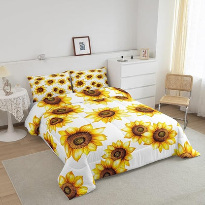 Erosebridal Sunflower Full Size Comforter Sets 3D Floral Botanical Bedding Yellow Flowers Duvet Insert Pastoral Sunflower Decor for Bedroom Quilt Garden Bloom Down Comforter with 2 Pillowcases, White