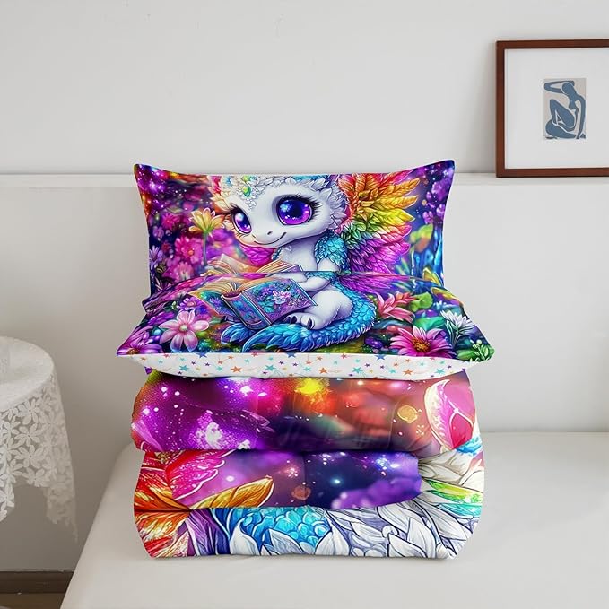 Cartoon Dragon Comforter Set,Western Wildlife Animal Bedding Set Kids Teens Modern Decor,Watercolor Flowers Comforter with 1 Pillowcase for All Seasons,Twin