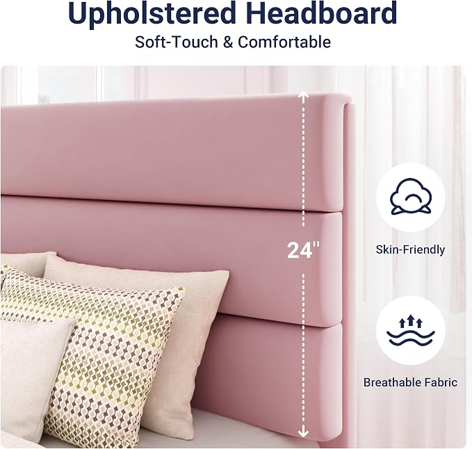 Allewie Twin Size Platform Bed Frame with Velvet Upholstered Headboard Pink | Wooden Slats Support, Fully Upholstered Mattress Foundation, No Box Spring Needed, Easy Assembly, Noise-Free, Pink
