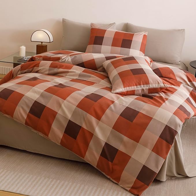 CLOTHKNOW Rust Khaki Plaid King Size Comforter Set Gingham Bedding Comforter Sets Geometric Comforter King with 2 x Pillow Cases