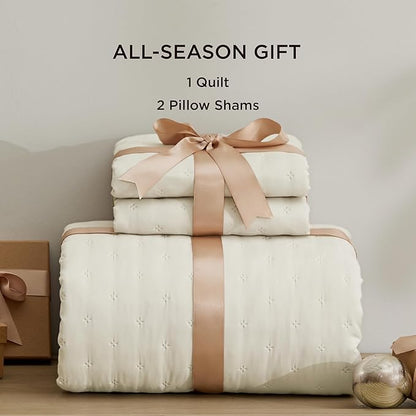 Bedsure Quilts Queen Size - Cream Bedspread Queen Size & Lightweight Comforter, Modern Cottage Coverlet with Clover Pattern, Ultra Soft All-Season Bedding, 90 x 96 Inches | Stitch-Free Quilting, Ultra Soft, Lightweight, Machine Washable, Pet-Friendly