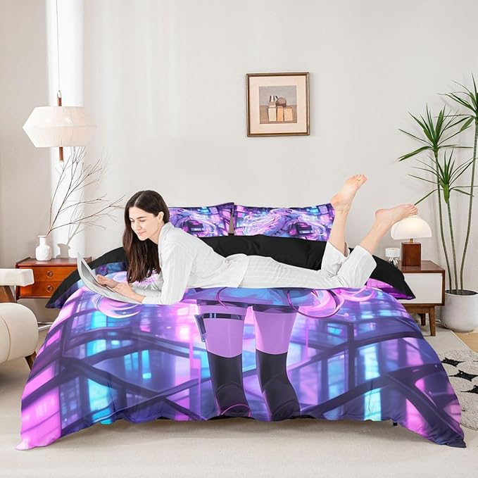 Erosebridal Japanese Girl Bedding Set Girly Anime Down Comforter for Kids,Sci Fi Style Gaming Queen Comforter Set Room Decor 3 Pcs,3D Cartoon Anime Girl Duvet Insert 2 Pillow Cases