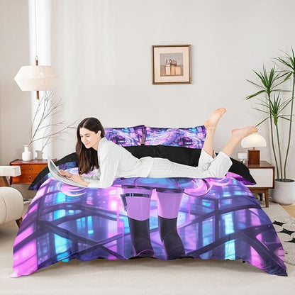 Erosebridal Japanese Girl Bedding Set Girly Anime Twin Down Comforter for Kids,Sci Fi Style Gaming Comforter Set Room Decor 2 Pcs,3D Cartoon Anime Girl Duvet Insert 1 Pillow Case