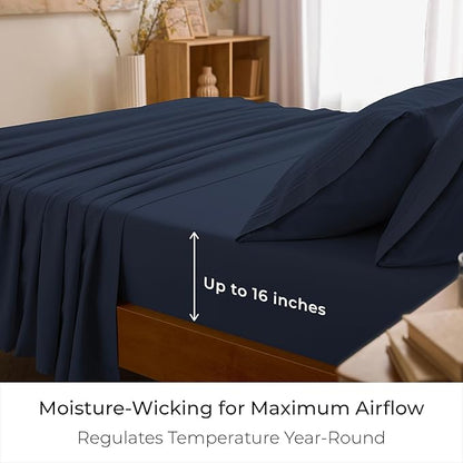 Mellanni Split King Sheet Set - 7-Piece Iconic Collection Bedding, (Including 4 Pillowcases), 16-Inch Deep Pocket, Easy Care, Extra Soft, Cooling Sheets, Brushed Microfiber - Navy Blue