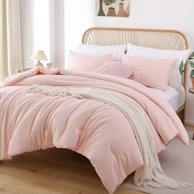 ROSGONIA Comforter Full Size for Girls Boys Teens Blush, 3pcs(1 Boho Pink Comforter & 2 Pillowcases) Lightweight Dorm Bedding Soft All Season Bed Set