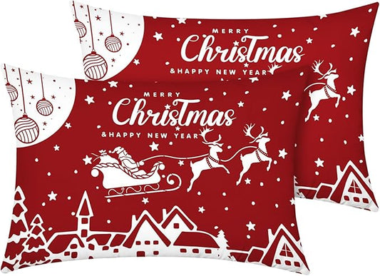 YIYEA Christmas Pillow Cases Queen Size Set of 2, Ultra Soft Double Brushed Microfiber Pillowcases Queen, Christmas Bed Pillow Covers, Fade Resistant, Easy Slip-On (20"x30")