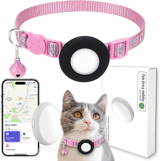 GPS Tracker for Cats, Mini GPS Pet Tracker with Collar, IPX8 Waterproof Cat Trackers Collar,No Monthly Fee,Work with Apple Find My(iOS Only),Smart Trackers for Pets-Pink-3