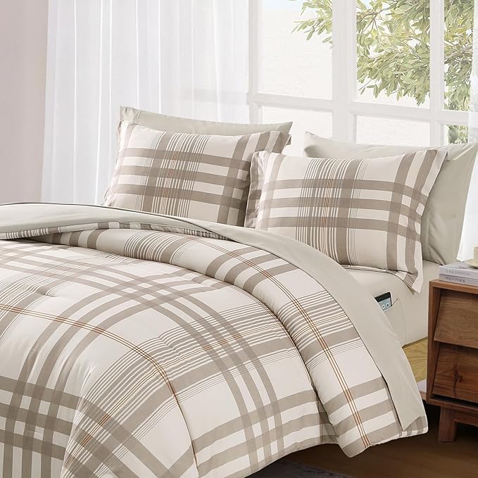 MaiRêve Twin XL Comforter Set Brown Grey, Classic Plaid Farmhouse Bedding Sets 5 Pieces for Boys Girls Teen, All Season Bed in a Bag for Dorm with Sheets, Pillowcase & Sham