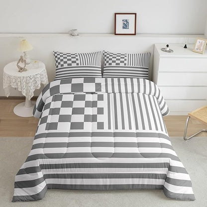 Grey Stripes Bedding Set Queen Size Buffalo Check Plaid Comforter Fashion Plaid Geometric Comforter Set Modern Simple Style Duvet Set 3Pcs Quilt Set 1 Comforter Set with 2 Pillowcase