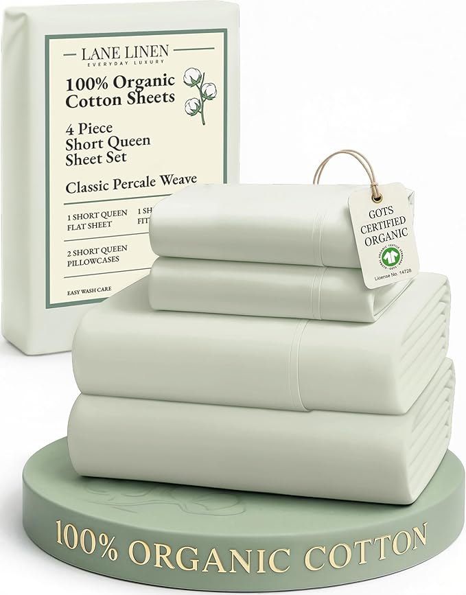 LANE LINEN 100% Organic Cotton Queen Sheet Set, 4Pc Cotton Sheets Queen Size Bed Set, Soft & Breathable Percale Weave, Deep Pocket Queen Sheets, Hotel-Quality Bed Sheets Queen Size - Mineral
