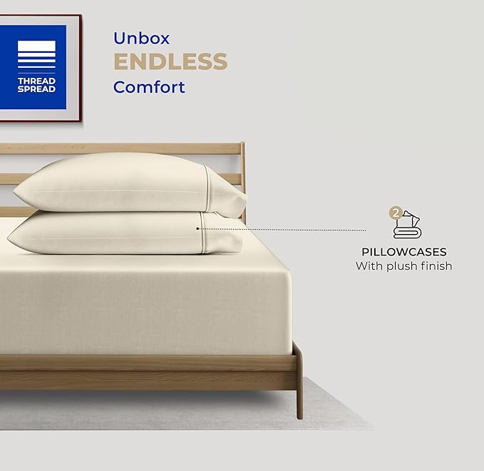 THREAD SPREAD 100% Cotton Pillow Cases Queen Size Set of 2 - Luxury 400 Thread Count Queen Pillow Cases (Ivory), Soft Cooling Breathable Hotel Quality Cotton Pillowcases, Fits Standard Pillows