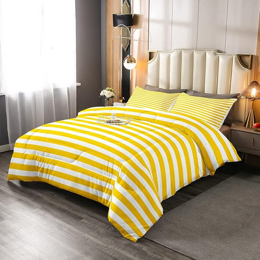 Stripe Bedding Set Yellow White Striped Comforter Set Queen Farmhouse Ticking Stripes Down Comforter Gothic Home Decor Horizontal Stripes Geometric Lines Reversible Duvet Set Kids Girls Women