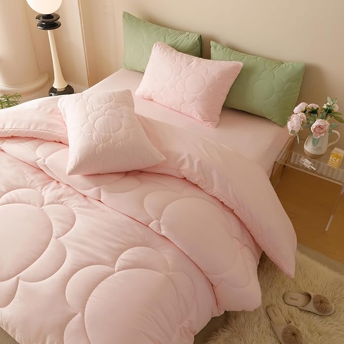 CLOTHKNOW Pink Blush Full Size Comforter Sets 3Pcs Daisy Puff Bedding Comforter Sets Soft Boho Comforter Pink Comforter with 2 x Pillow Cases