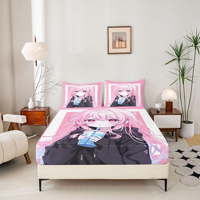 Erosebridal 3D Japanese Full Bed Sheets for Kids Boys Girls Anime Girl Drinking Milk Tea Fitted Sheet,Cute Kawaii Girly Bedding Sets Modern Fashion Aesthetic Sheets with 2 Pillowcases