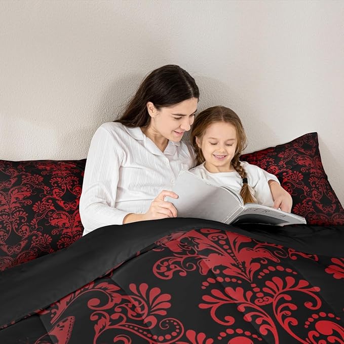 Erosebridal Gothic Damask 7 Piece Comforter Set Full Bed in a Bag,Butterfly Skull Bedding Sets Red Black Victorian Floral Goth Sheet Set with Comforter