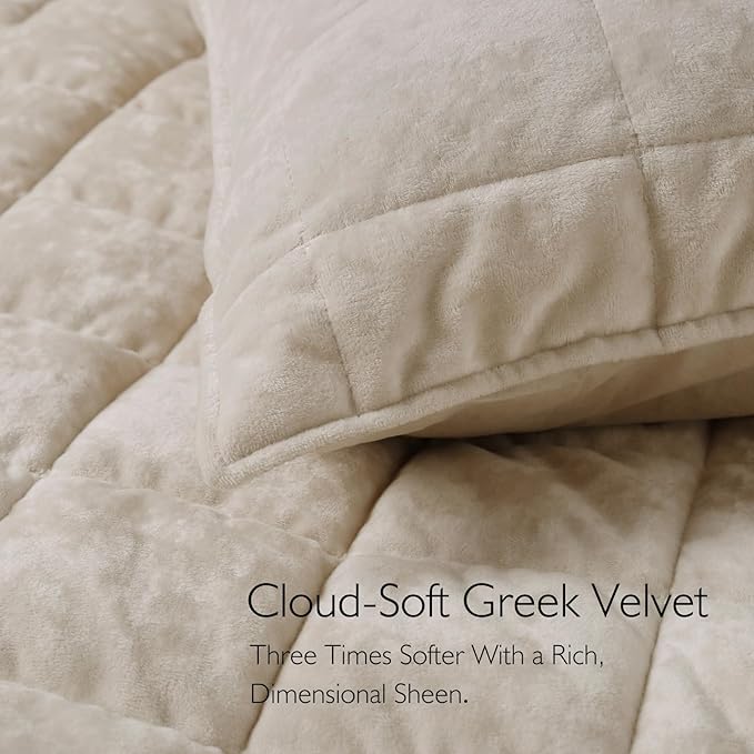 KASENTEX Greek Velvet Queen Quilt Set, 3× Softer Luxe Sheen, 100% Cotton Backing, 150GSM Down-Alternative Fill, Expanded 98×98" Coverage for Fuller Side Drape (1 Quilt + 2 Pillow Shams), Sandshell