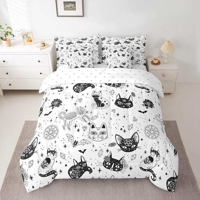 Cat Skeleton Bedding Set,Black White Wildlifes King Comforter Set with Sheets for Kids Boys Girls Teens Room Decor,Mysterious Constellation Bed in a Bag 7 Piece for Bedroom Living Room