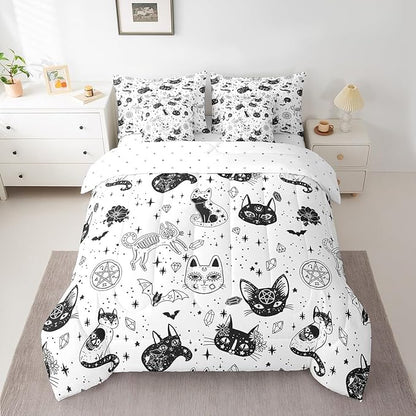 Cat Skeleton Bedding Set,Black White Wildlifes King Comforter Set with Sheets for Kids Boys Girls Teens Room Decor,Mysterious Constellation Bed in a Bag 7 Piece for Bedroom Living Room