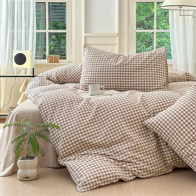 Nayoroom Brown Gingham Duvet Cover Twin Size Tan White Plaid Checkered Duvet Cover 2 Pieces Grid Dorm Bedding Set with 2 Pillowcases, Soft Breathable Washed Microfiber
