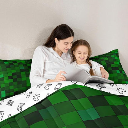 Pixelated Miners Game Kids Bedding Set King Size,Geometric Check Video Games Comforter Set,Gamepad Grid Gaming Quilt Comforter,Dark Green Bedroom Duvet Insert,2 Pillowcases