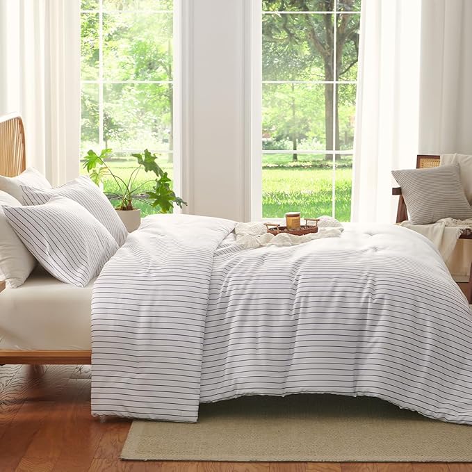 Striped Comforter Set Queen Size Light Tannish Grey White Stripes Bedding Set for All Season, 3 Pieces Lightweight Bedding Comforter Sets with 2 Pillowcases