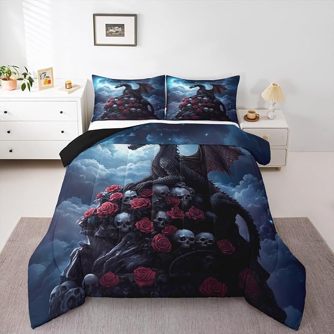 Castle Fairy Dragon Kids Comforter Set,Halloween Skull Super Soft Microfiber Bedding Set for Adults Men,Romantic Red Rose Decorative Comforter Set,Queen Size 3 Pcs
