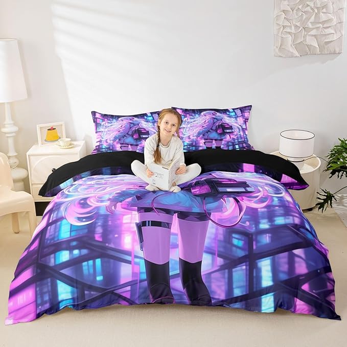 Erosebridal Japanese Girl Bedding Set Girly Anime Down Comforter for Kids,Sci Fi Style Gaming Queen Comforter Set Room Decor 3 Pcs,3D Cartoon Anime Girl Duvet Insert 2 Pillow Cases