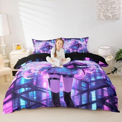 Erosebridal Japanese Girl Bedding Set Girly Anime Full Down Comforter for Kids,Sci Fi Style Gaming Comforter Set Room Decor 3 Pcs,3D Cartoon Anime Girl Duvet Insert 2 Pillow Cases
