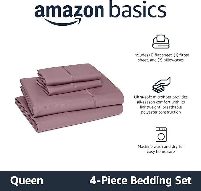 Amazon Basics Lightweight Breathable Microfiber 4-Piece Bed Sheet Set, Queen, Rose, Solid