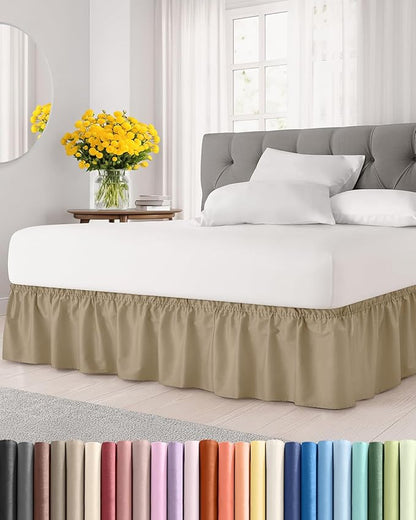 Wrap Around Dust Ruffle Bed Skirt - Beige - for Queen Size Beds with 21 Inch Drop - Easy Fit Elastic Strap - Adjustable Pleated Bedskirt w/Brushed Fabric - Wrinkle Free - for Women, Men, Kids & Teens