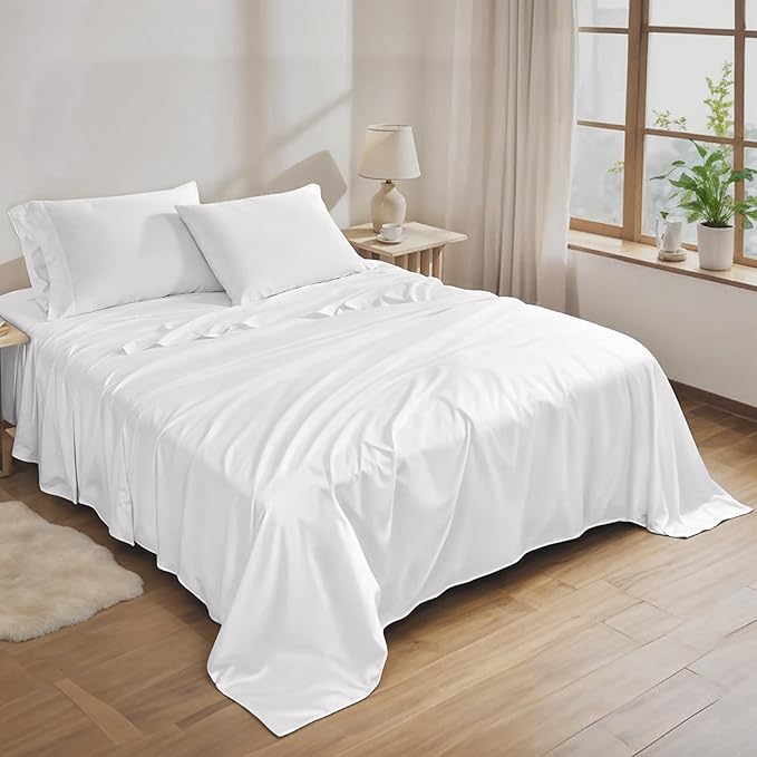 RUVANTI 100% Cotton Sheets – Full Size Percale Bedding, Cooling & Breathable, Durable with a Crisp, Soft & Comfortable Feel, 16" Deep Pocket, 4-Piece Set, Milky White