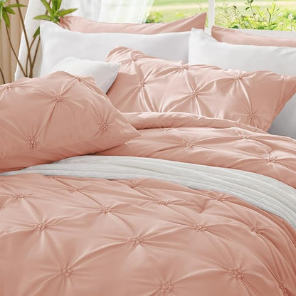 BEDELITE Dusty Pink Twin Comforter Set - 2 Peices Boho Pintuck Bedding Comforter Sets, Lightweight Soft & Warm Twin Bedding Sets with 1 Pillowcase for All Season