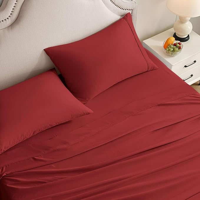 King Size Sheets Set, 4 Pieces Hotel Luxury Soft Microfiber Bed Sheets Set, Up to 16" Deep Pockets, Oeko-Tex Sheets with Elastic, Breathable, Wrinkle Free (Wine Red, King)