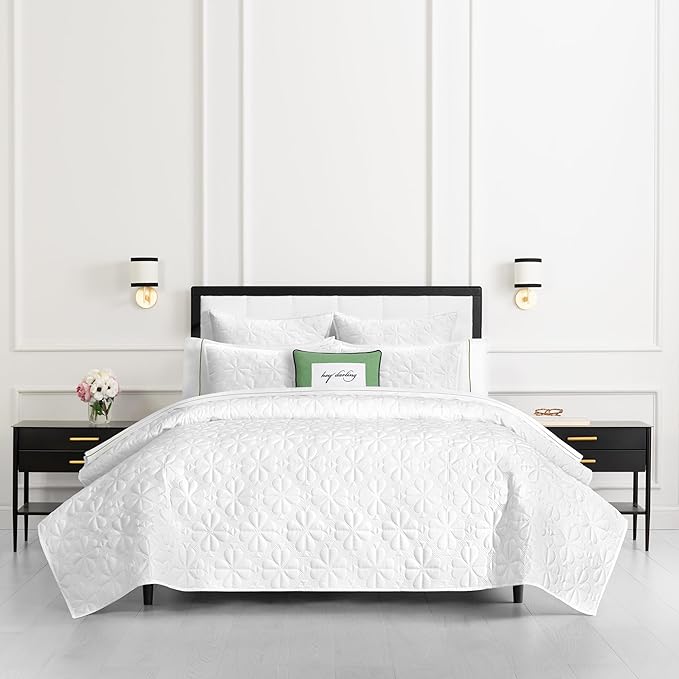 kate spade new york Spade Floral 3-Piece King Quilt Bedding Set, 100% Cotton Sateen Reversible Cover, All Season Warmth Bedding, Machine Washable, Bright White