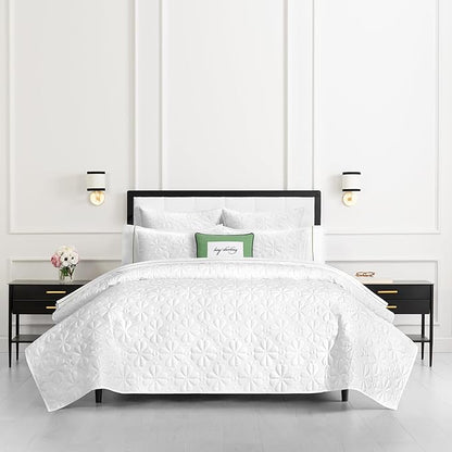 kate spade new york Spade Floral 3-Piece King Quilt Bedding Set, 100% Cotton Sateen Reversible Cover, All Season Warmth Bedding, Machine Washable, Bright White